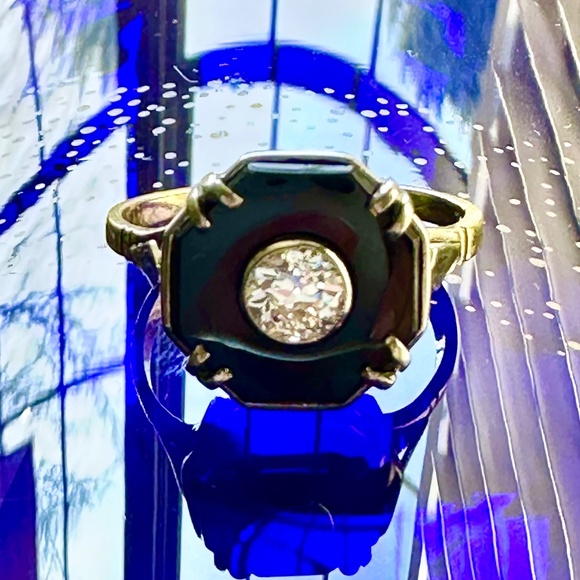 14K Art Deco Octagonal Onyx & Diamond Ring - Picture 5 of 15